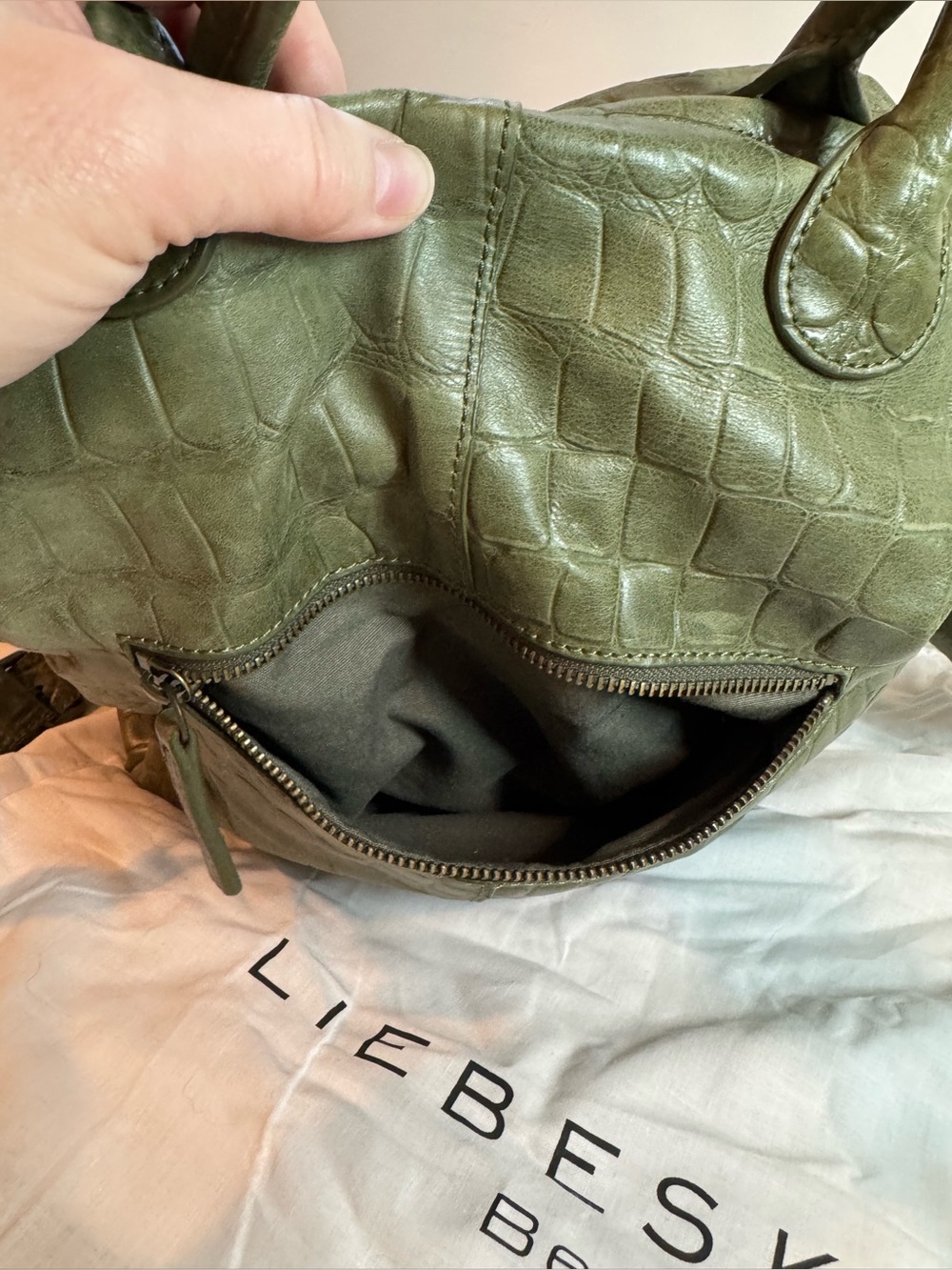 Liebeskind Berlin Olive Green Croc-Embossed Leather Crossbody Tote - Picture 8 of 14